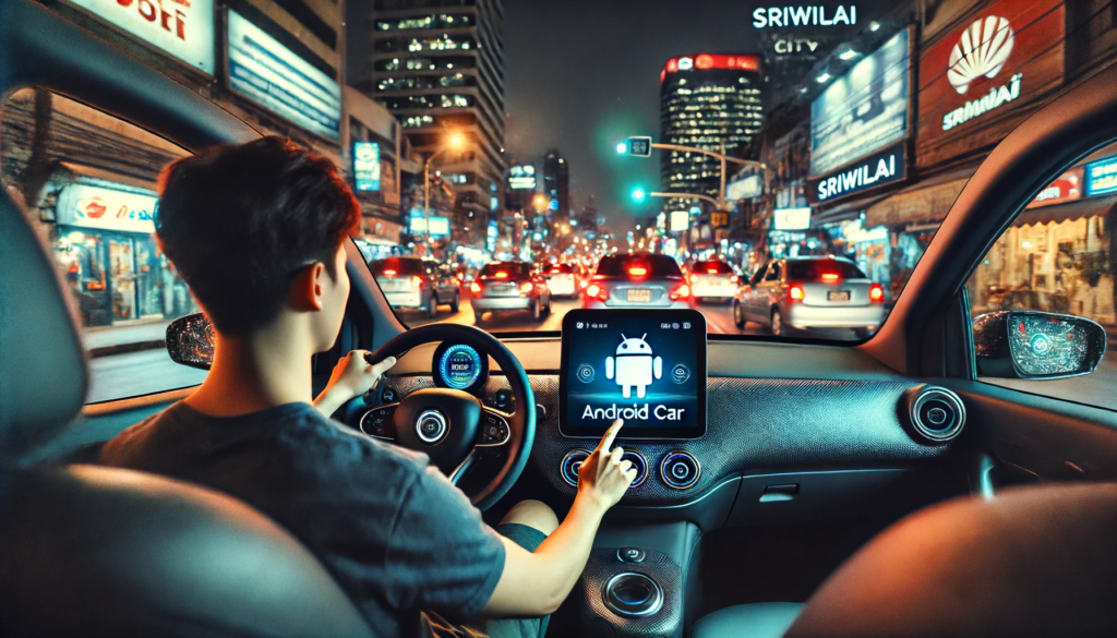 DALL·E-2024-06-14-17.57.36-A-young-man-is-driving-a-smart-car-on-the-road-in-Sriwilai-city-at-night