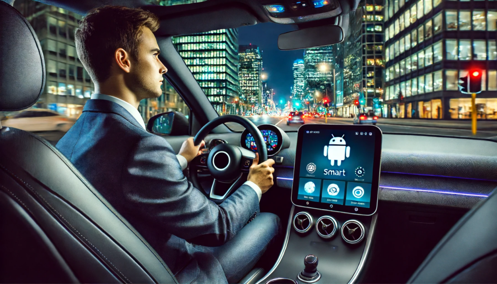 DALL·E-2024-06-14-18.02.05-A-young-man-wearing-a-suit-drives-a-smart-car-on-the-road-at-night